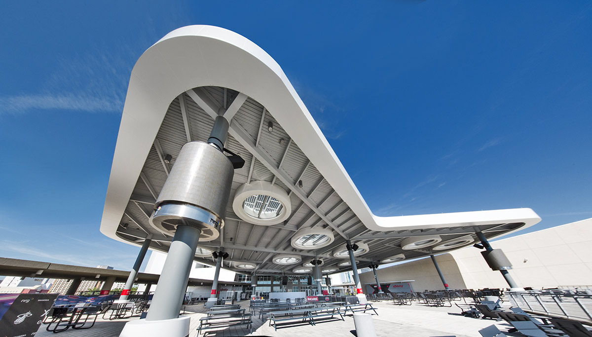 Architectural view of the of the FTX Arena terrace in Miami, FL.